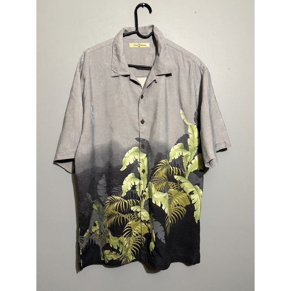Tommy Bahama Mens XL 100% Silk Shirt Gray Green Tropical Palm Embroidered Aloha